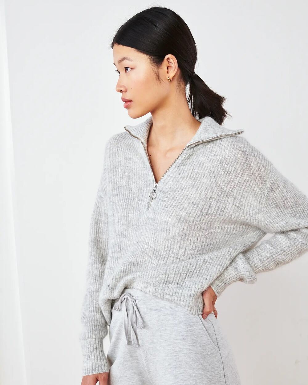 Quince Baby Alpaca Wool Quarter Zip Sweater Heather Gray Ribbed Cropped Sz M